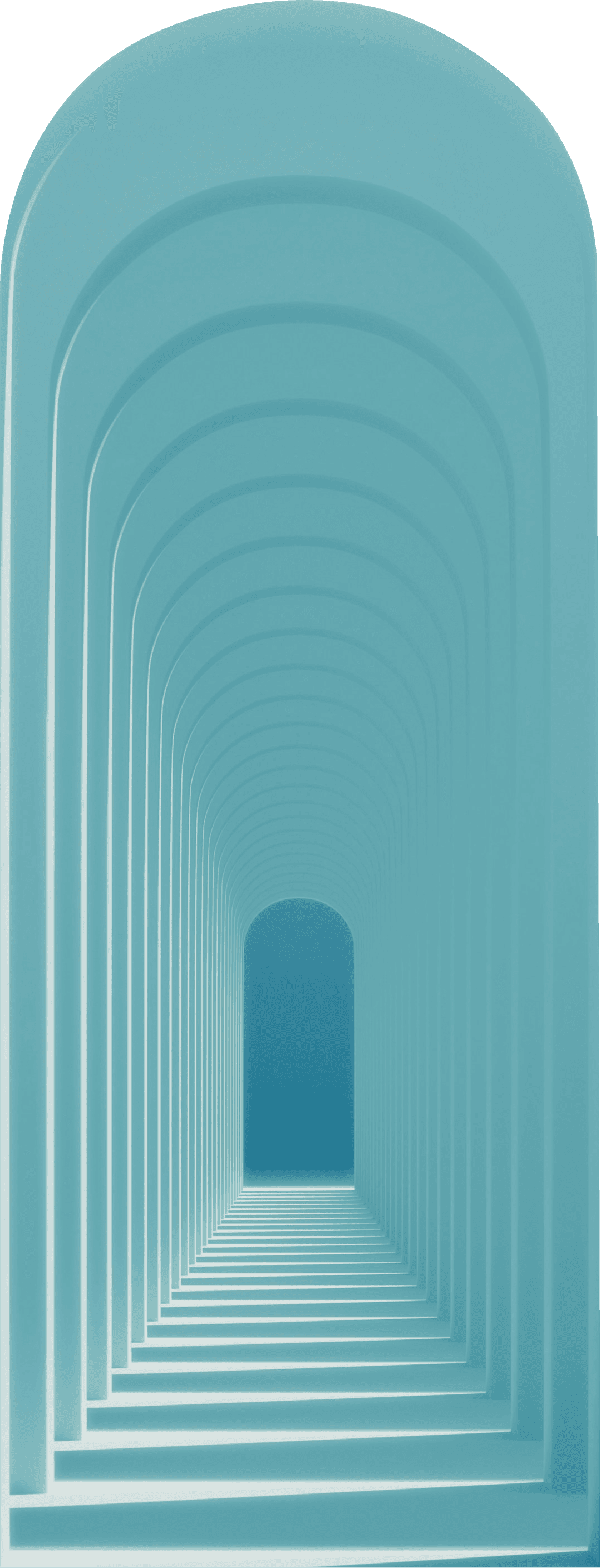 Minimalist 3D illustration of a series of light blue arched doorways receding into the distance, creating a tunnel-like effect with a sense of calm, depth, and invitation.
