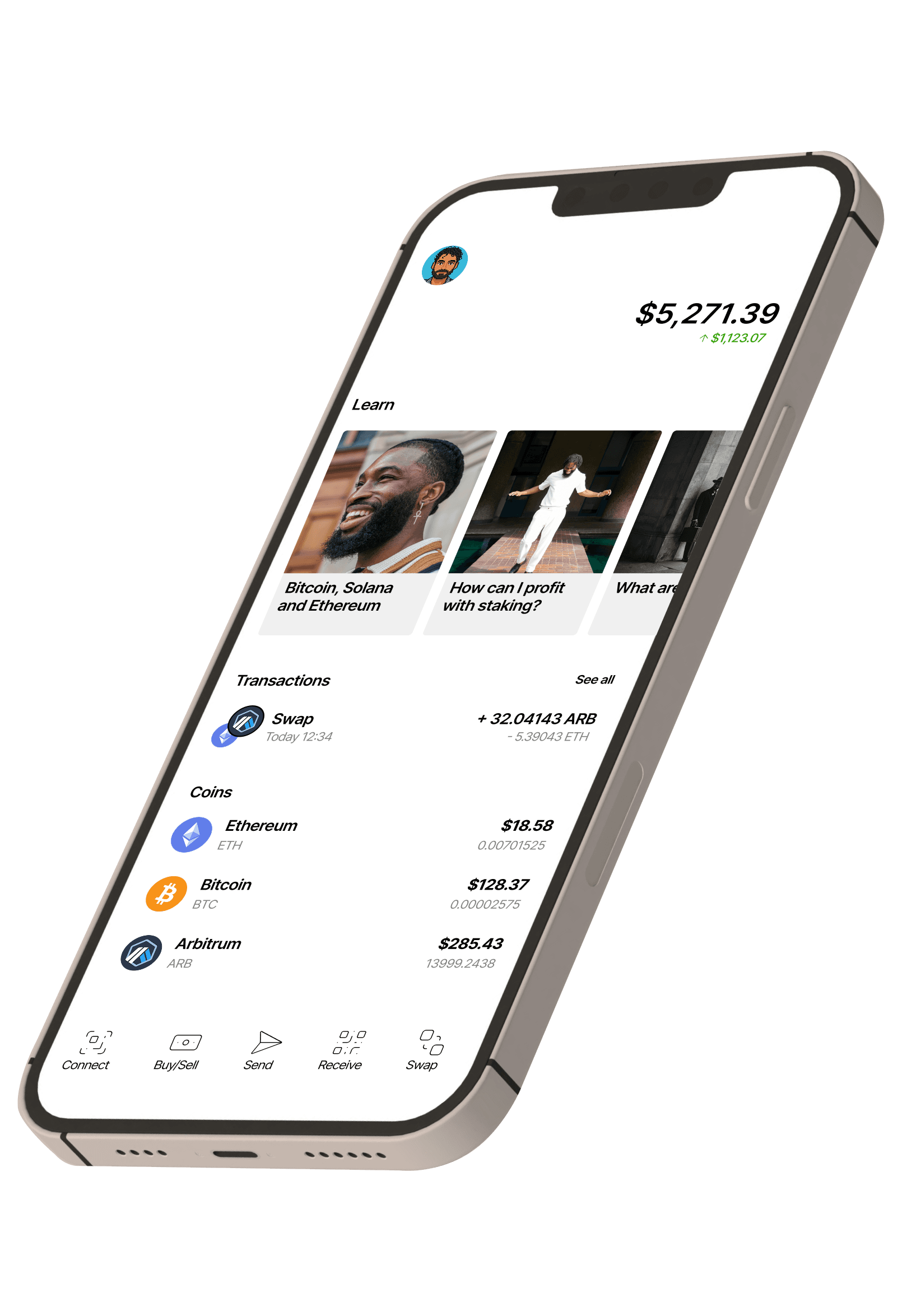 A smartphone mockup displaying a digital wallet interface, with a portfolio overview and balances for Ethereum, Bitcoin, and Arbitrum. Icons for connect, swap, and send are visible on the bottom navigation.